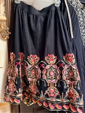 Magic Black Midi Skirt with Pink and Gold Floral Embroidery